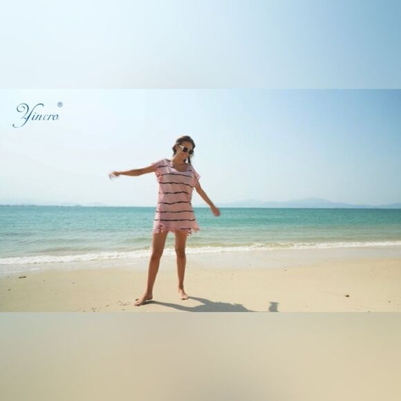 Yincro coral/black striped Chiffon Tassel Swimsuit Cover Up Beach - Picture 3 of 8